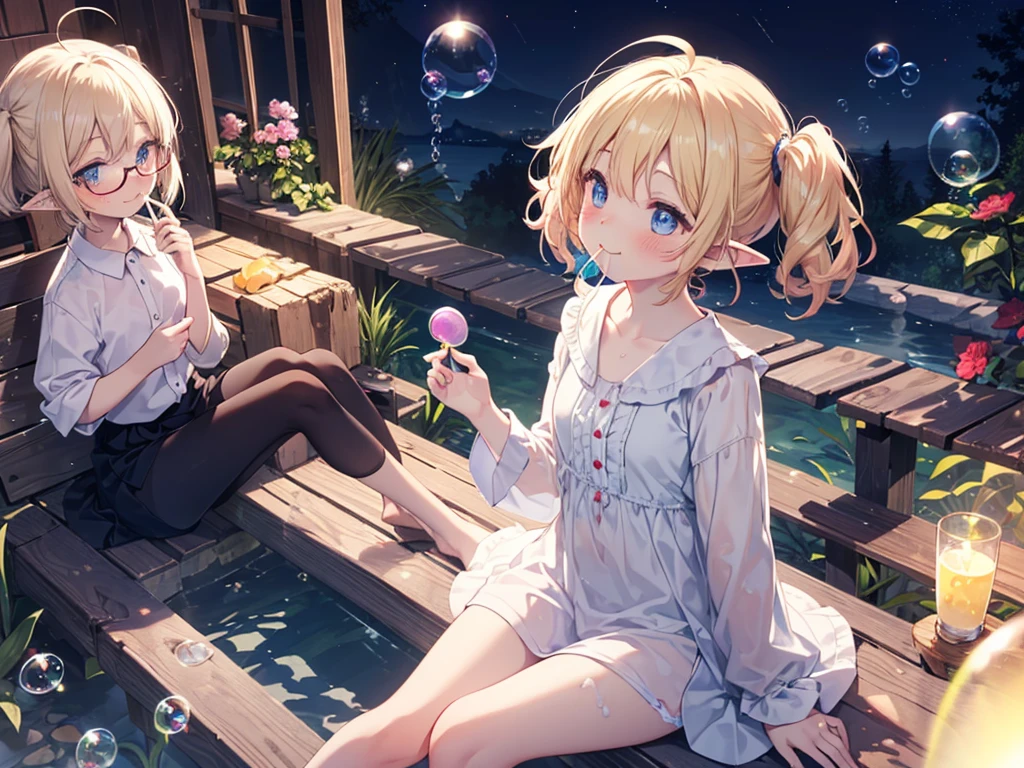 ultra detailed, best quality, high resolution, beautiful, 8k, pale skin, , (glossy blonde hair), (very short hair), blue eyes, (ahoge:1.3), ((little :1.4)), (((solo))), ((glasses:1.3)), ((pointy ears)), (blush:1.3), ((single short braid:0.8)), ((happy smile:1.3)), ((sitting:1.5)), (nude), ((watercolor)), ((soap bubble:1.3)), ((night)), (windy:1.5), ((looking up:1.5)), ((blow bubbles straw in mouth:1.5)), ((looking away:1.5)), ((short twintails)), ((pretty panty))