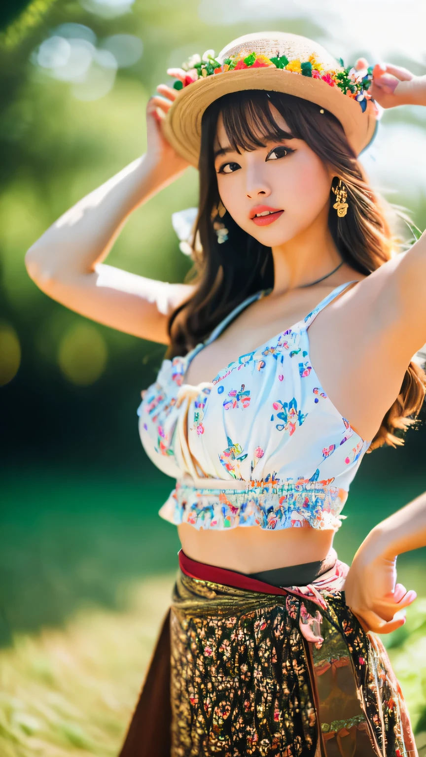(realistic, photo-realistic:1.4), (extremely detailed 8k wallpaper), sharp focus, depth of field, blur background, detailed beautiful eyes and skin, (Image from thighs to head:1.2), Canon R5 50mm, (Japanese idol:1.4), large breast, Boho-chic patterned maxi skirt with a crop top, Carefree bohemian spirit, Sun-drenched festival meadow, Flower crown,