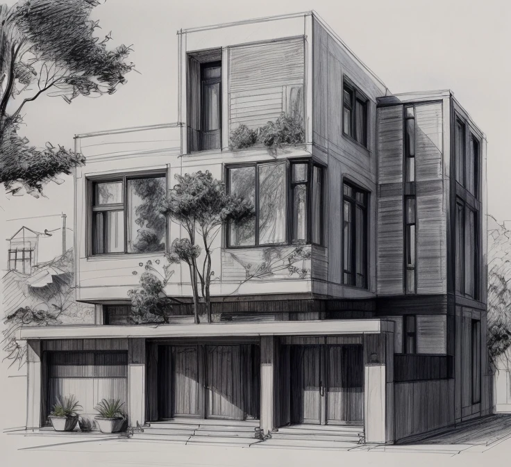 a drawing of a house with a lot of windows and a lot of stairs, high quality of sketching, architectural sketch, sketch illustration, sketch black and white colors, traditional drawing style, architectural concepts, architecture drawing, professional sketch, sketchy, sketch, architectural concept, sketch style, residential design, architecture design, drawing architecture, high quality sketch, line sketch,beautiful and realistic photos, busy surrounding space, realistic trees, surrounding landscape is the city, soft light, late afternoon