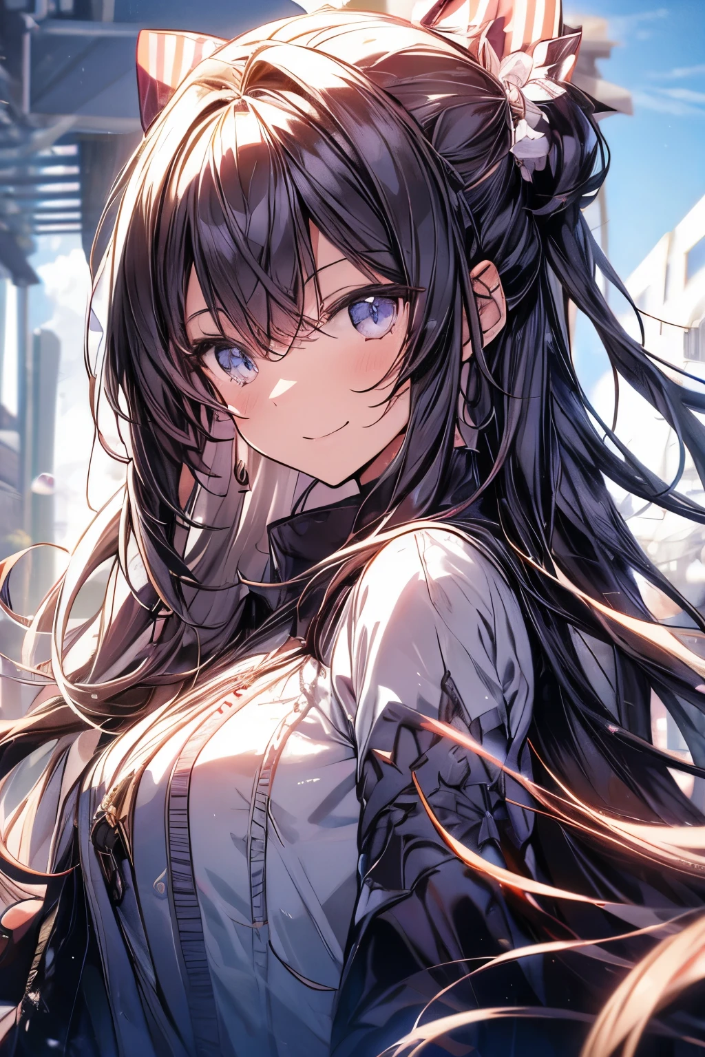 anime girl smiling, bright background, close up on upper body, masterpiece, best quality, high quality, beauty girl, Great aesthetics