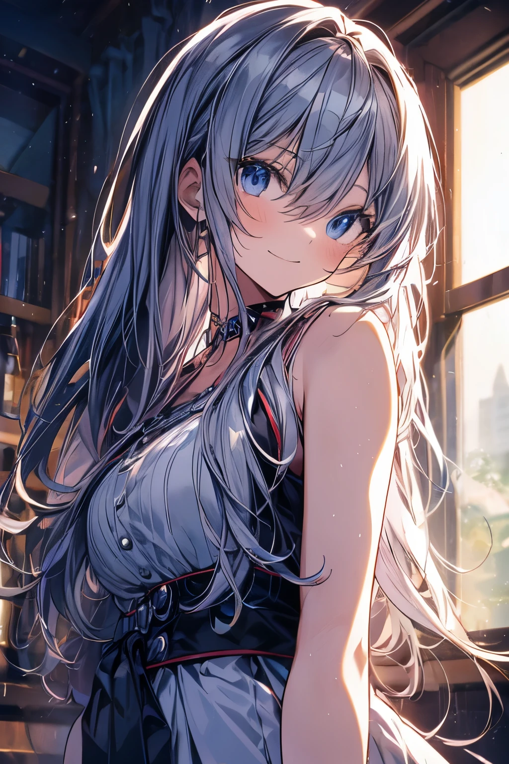 Masterpiece, best quality, high resolution, kei1,1 girl, solo, blue eyes, long hair, black bandeau apron, ribbon, bangs, collarbone, blue hair, white skirt, black bow, neckband, hair between the eyes, big breasts, collar in a line, bare shoulders, seaside, smile,