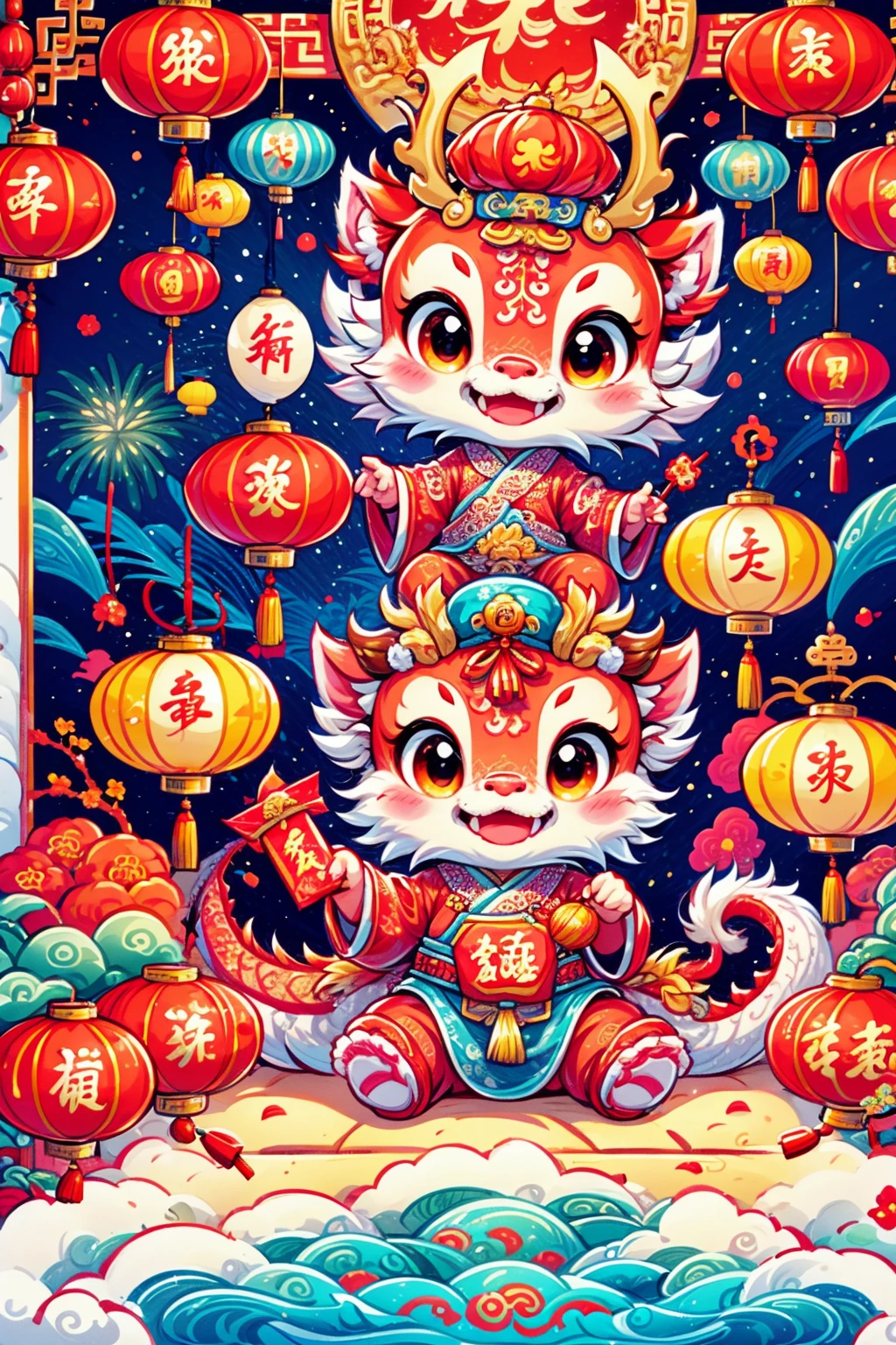 Cute Chinese Dragon,(摄影: 1.3), Create a 3D-rendered, Pixar-style illustration of a Chinese dragon sitting on the ground, wearing a Chinese God of Wealth hat and dressed in traditional Chinese attire. The ground is abundantly covered with red envelopes and gold coins, surrounded by various Chinese New Year festive items. The background depicts a joyous and festive Chinese New Year atmosphere, including traditional Chinese architecture, fireworks, firecrackers, lanterns, and Spring Festival couplets. The dragon has a joyful and happy facial expression.