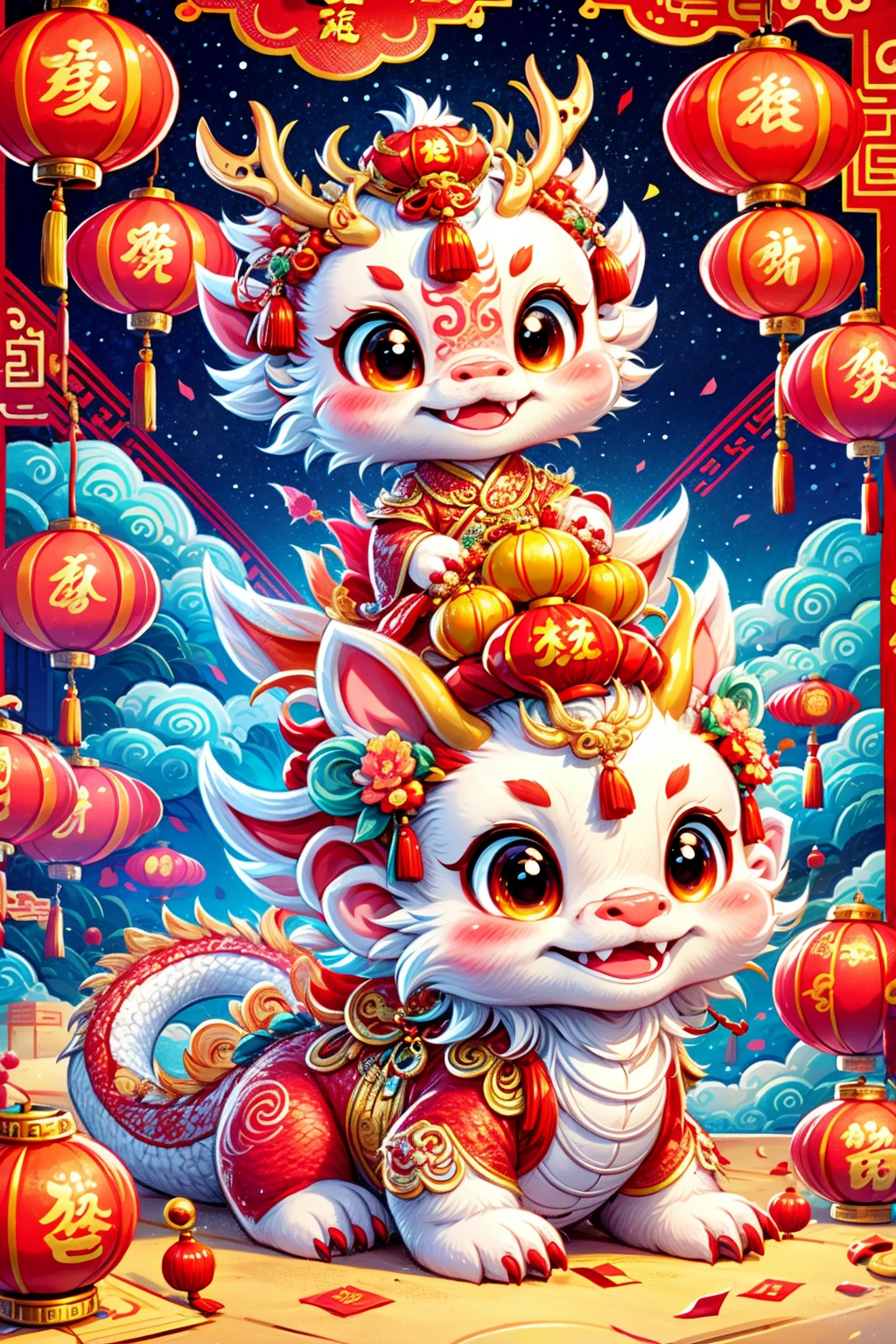 Cute Chinese Dragon,(摄影: 1.3), Create a 3D-rendered, Pixar-style illustration of a Chinese dragon sitting on the ground, wearing a Chinese God of Wealth hat and dressed in traditional Chinese attire. The ground is abundantly covered with red envelopes and gold coins, surrounded by various Chinese New Year festive items. The background depicts a joyous and festive Chinese New Year atmosphere, including traditional Chinese architecture, fireworks, firecrackers, lanterns, and Spring Festival couplets. The dragon has a joyful and happy facial expression.