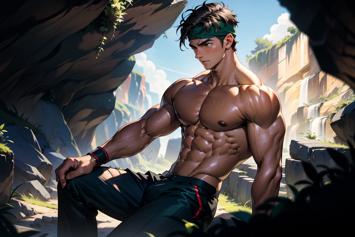 (Masterpiece, Best quality, 18 year old boy, 8k, ultra-detailed, (upper shot)), (from side, looking away, worm eyes, thin lips), (1 boy, solo), Young, (teenager), (Dark Short straight hair, under cut, black eyes), Shirtless, topless, (torn Green headband), (Depth of field:1.2), (Abs, chest, upper arms), (topless male), athretic body, (background: inside caves, night), sweat