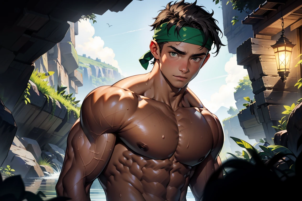 (Masterpiece, Best quality, 18 year old boy, 8k, ultra-detailed, (upper shot)), (from side, looking away, worm eyes, thin lips), (1 boy, solo), Young, (teenager), (Dark Short straight hair, under cut, black eyes), Shirtless, topless, (torn Green headband), (Depth of field:1.2), (Abs, chest, upper arms), (topless male), athretic body, (background: inside caves, night), sweat