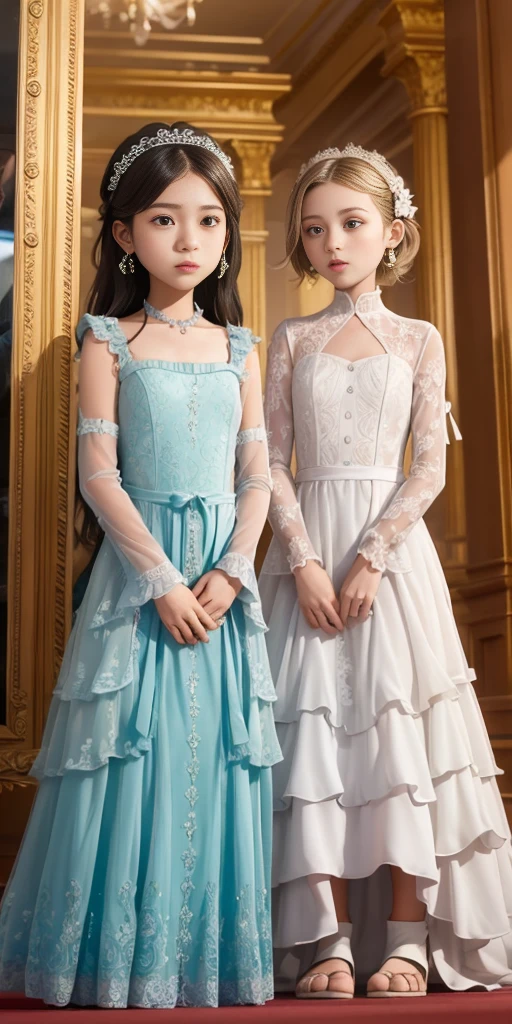 two women in dresses standing next to each other in front of a tv, pov, two girls, annoying sister vibes, lesbians, cute girls, gen z, looking this way, pov shot, two models in the frame, sisters, hd, they are very serious, lesbian, multiple, 2 sisters look into the mirror, serious faces, photo shoot
