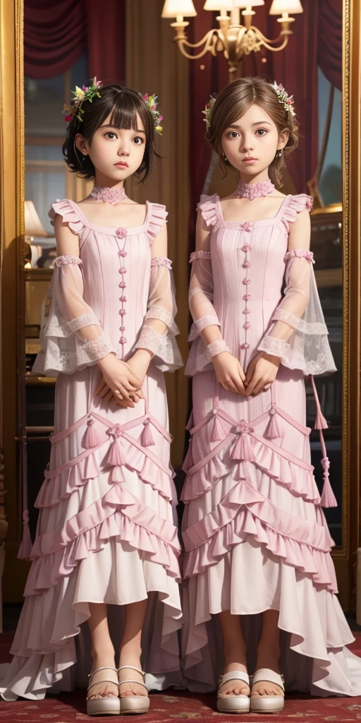 two women in dresses standing next to each other in front of a tv, pov, two girls, annoying sister vibes, lesbians, cute girls, gen z, looking this way, pov shot, two models in the frame, sisters, hd, they are very serious, lesbian, multiple, 2 sisters look into the mirror, serious faces, photo shoot
