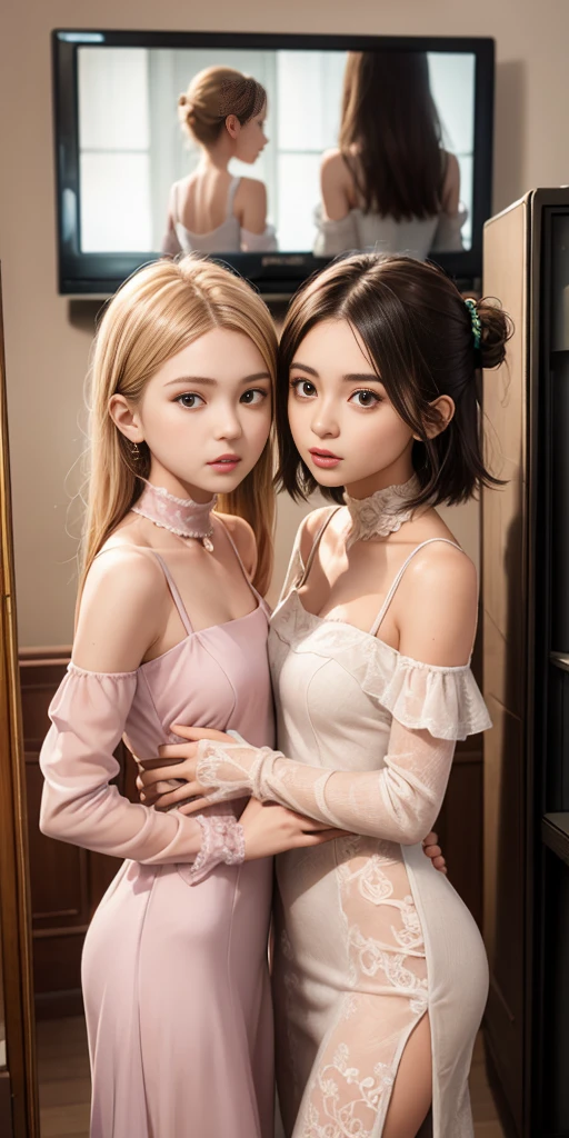 two women in dresses standing next to each other in front of a tv, pov, two girls, annoying sister vibes, lesbians, cute girls, gen z, looking this way, pov shot, two models in the frame, sisters, hd, they are very serious, lesbian, multiple, 2 sisters look into the mirror, serious faces, photo shoot
