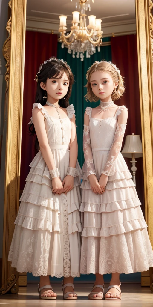 two women in dresses standing next to each other in front of a tv, pov, two girls, annoying sister vibes, lesbians, cute girls, gen z, looking this way, pov shot, two models in the frame, sisters, hd, they are very serious, lesbian, multiple, 2 sisters look into the mirror, serious faces, photo shoot
