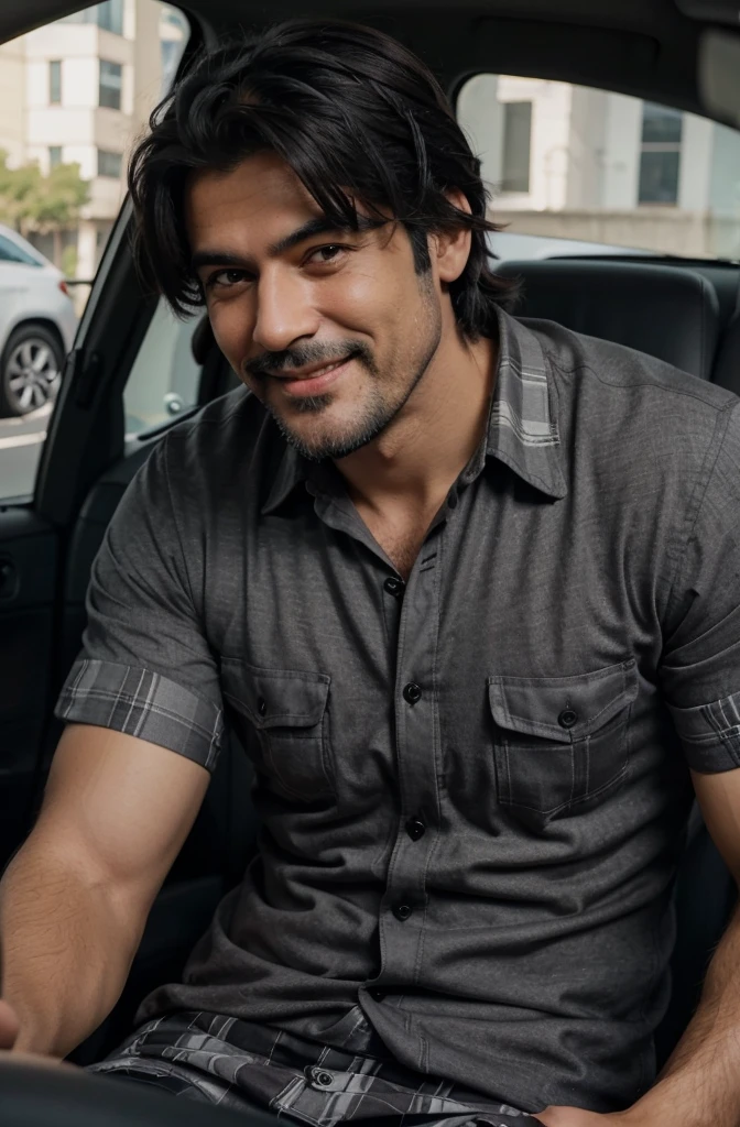 A very attractive mature gray-black haired man with a black beard smiling at the camera sitting inside a car driving in the foreground and is wearing a shirt and is very hairy on his arms and chest, strong and muscular build