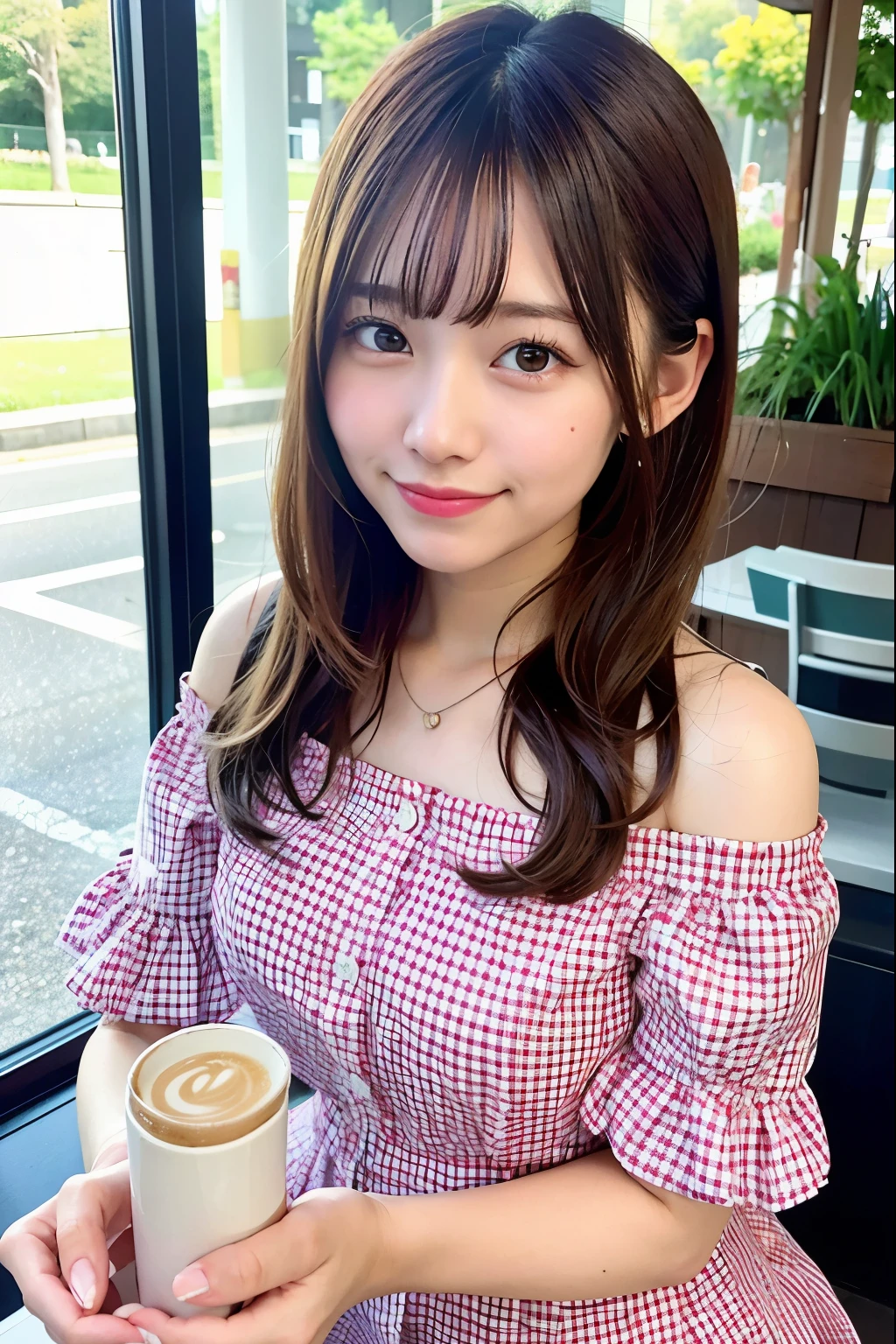 Highest image quality,highest quality,masterpiece,4k,8k,Girl In A Cafe,Chiho, surreal , Photographed with Sony α9, She is wearing a pink gingham plaid off-shoulder dress.,Shirahime cut hairstyle,smile,Adorable image of a bright and cute girl, Expressive eyes drinking coffee in an attractive cafe, Sunny café,Girls should wear off-shoulder clothes with gingham plaid, Pink costume, そして彼女の熱意は彼女の明るいsmileを通して放射されるはずです. The sea seen from the window, An arafi woman wearing a pink dress with a gingham check pattern, Chiho, 2263539546], in a dress, Yoshitomo Nara, a 19 years old girl, 8K selfie photo,