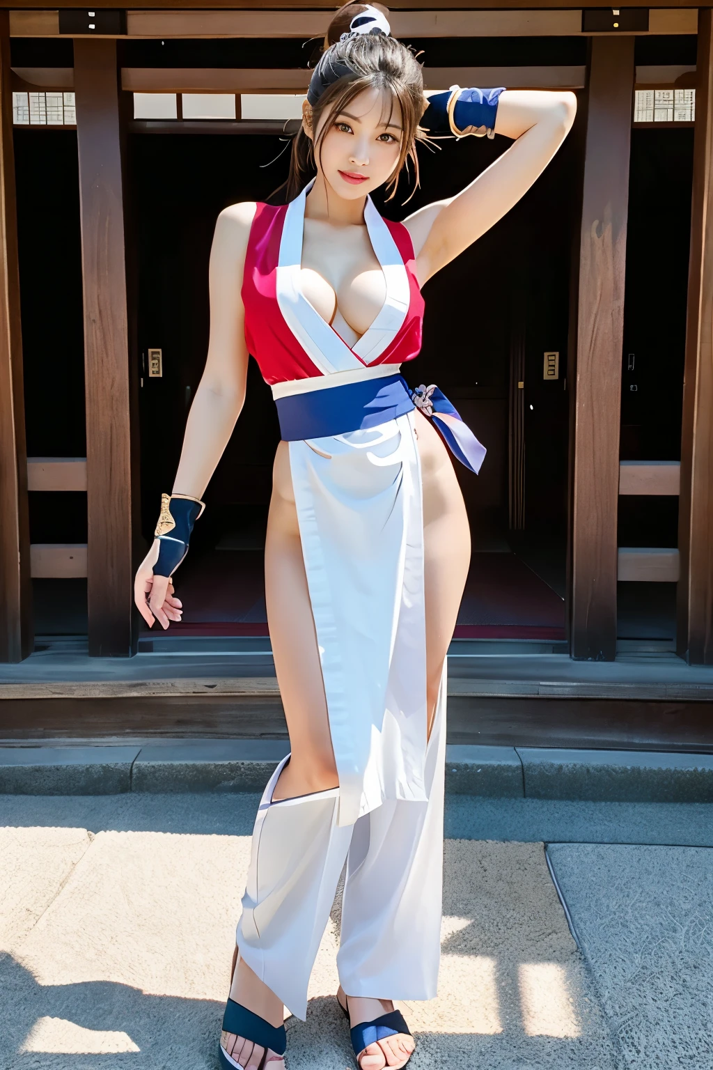 (mai shiranui:1.4), (tabi:1.4), (Full body:1.4), (Toe;1.3), (Realism), (master piece:1.2), (Best Quality), (ultra-detailliert), (8K, 4K, Convoluted), (Flat Lighting:1.2), (skinny), Prestige, Brown eyes, Long hair, brown eyes, long hair, brown hair, white ribbon, sleeveless, ponytail, sash, pelvic curtain, arm guards, gloves, tabi, fascinated expression, Sexy eyes, slim, medium breasts, Smile, Cute, view the viewer, Long hair, Close to Japan temple, (breasts focus:1.2), (Realistic:1.2), light Particle, Lighting, (Highly detailed:1.2), (Detailed face:1.2), (gradients), SFV, Colorful, (Detailed eyes:1.2), Detailed temples of Japan, Detailed background, (Dynamic Angle:1.2), Dynamic Pose, Wide Shot, Daylight, Solo.