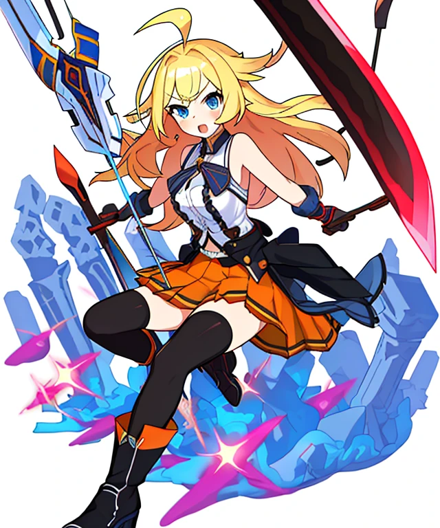 colorful , masterpiece, best quality, 1girl, weapon, long hair, breasts, solo, thighhighs, skirt, sword, shirt, full body, sleeveless shirt, bangs, blue eyes, black thighhighs, white footwear, open mouth, ahoge, holding, shiny, frills, shiny hair, sleeveless, transparent background, blush, medium breasts, zettai ryouiki, boots, blonde hair, sidelocks, pleated skirt, orange ribbon, holding weapon, v-shaped eyebrows, miniskirt, arrow (projectile), white shirt