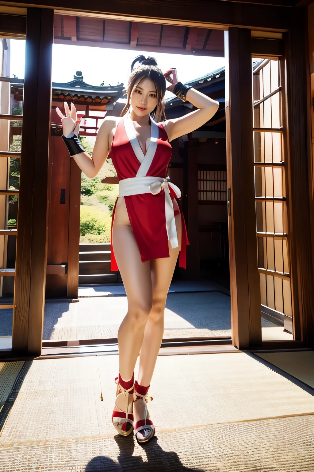 (mai shiranui:1.4), (tabi:1.4), (Full body:1.4), (Toe;1.3), (Realism), (master piece:1.2), (Best Quality), (ultra-detailliert), (8K, 4K, Convoluted), (Flat Lighting:1.2), (skinny), Prestige, Brown eyes, Long hair, brown eyes, long hair, brown hair, white ribbon, sleeveless, ponytail, sash, pelvic curtain, arm guards, gloves, tabi, fascinated expression, Sexy eyes, slim, medium breasts, Smile, Cute, view the viewer, Long hair, Close to Japan temple, (breasts focus:1.2), (Realistic:1.2), light Particle, Lighting, (Highly detailed:1.2), (Detailed face:1.2), (gradients), SFV, Colorful, (Detailed eyes:1.2), Detailed temples of Japan, Detailed background, (Dynamic Angle:1.2), Dynamic Pose, Wide Shot, Daylight, Solo.