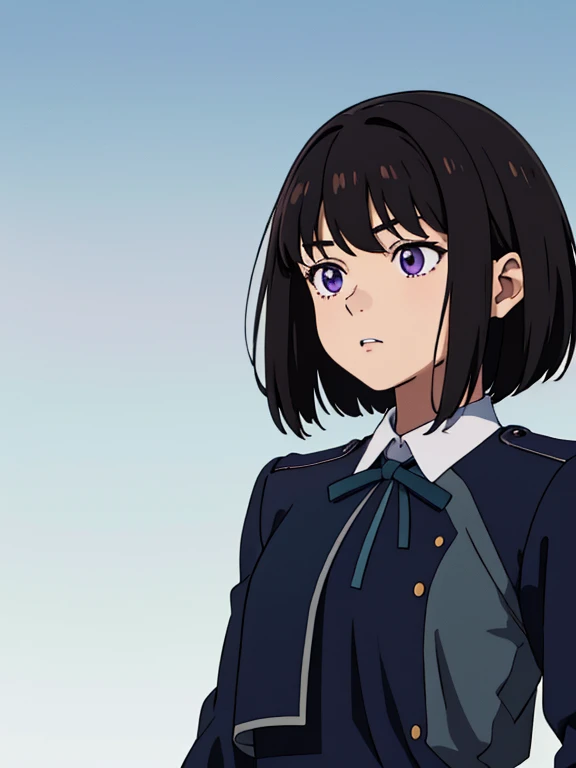 simple background、(masterpiece、top-quality:1.2)、((facing front:1.2))、With bangs、Young woman at 17 years old、((The upper part of the body:1.2))、Promotional Art、offcial art、Dark blue uniform、long-sleeve、Y shirt、Green Tie Ribbon、bangss、A dark-haired、Longhaire、Purple eyes