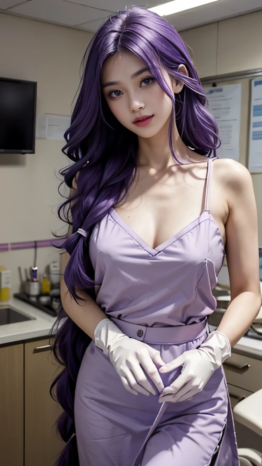 1 woman、20 years old、Grim gaze、human skin sensation、Realistic woman、Wearing blue paper apron and white scrubs、dentistry保健员、dentistry、dentist、clinic、Solo shot、Gloves、橡胶Gloves、Purple hair big breasts，long hair，purple hair，thick braid，purple eyes