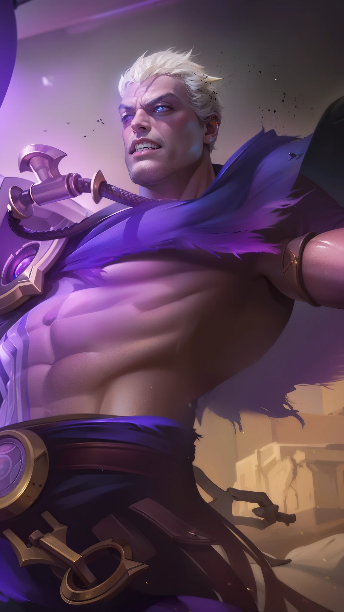 masculine male, masterpiece, ((perfect eyes)) best quality, (semirealism:1.9), beautiful lighting, (extremely detailed CG unity 4k fhd wallpaper), High Detail, Sharp focus, dramatic outdoors, 1 boy ,40 years old, white short hair, blue eyes, smile, Boy with two big horns, red eyes, evil smile, 8k , realistic, scary.