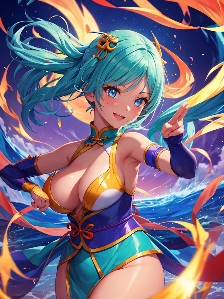 masterpiece, highest quality, 超detailed,Rem,Re Zero, 1 girl, (20-year-old),smile, blue hair, blue and yellow eyes,short hair,cheongsam clothing,((Kung Fu Stance,Battle Pose,overmatch,Sunburn mark,Nigiri fist,good)),latex, shiny, (masterpiece), (highest quality), (超detailed), more_detailed:-1, more_detailed:0, more_detailed:0.5, more_detailed:1, more_detailed:1.5, tan, black skin, Outer World AI, Glow Phi,Ocean,beach, beautiful background, beautiful girl,