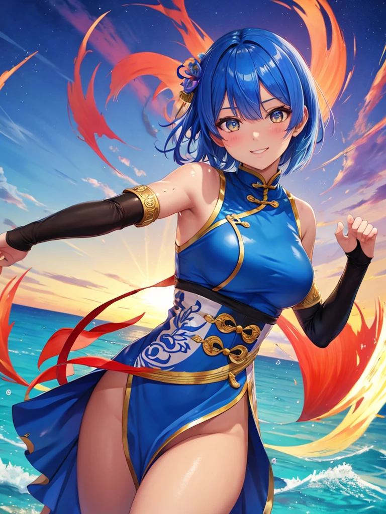 masterpiece, highest quality, 超detailed,Rem,Re Zero, 1 girl, (20-year-old),smile, blue hair, blue and yellow eyes,short hair,cheongsam clothing,((Kung Fu Stance,Battle Pose,overmatch,Sunburn mark,Nigiri fist,good)),latex, shiny, (masterpiece), (highest quality), (超detailed), more_detailed:-1, more_detailed:0, more_detailed:0.5, more_detailed:1, more_detailed:1.5, tan, black skin, Outer World AI, Glow Phi,Ocean,beach, beautiful background, beautiful girl,