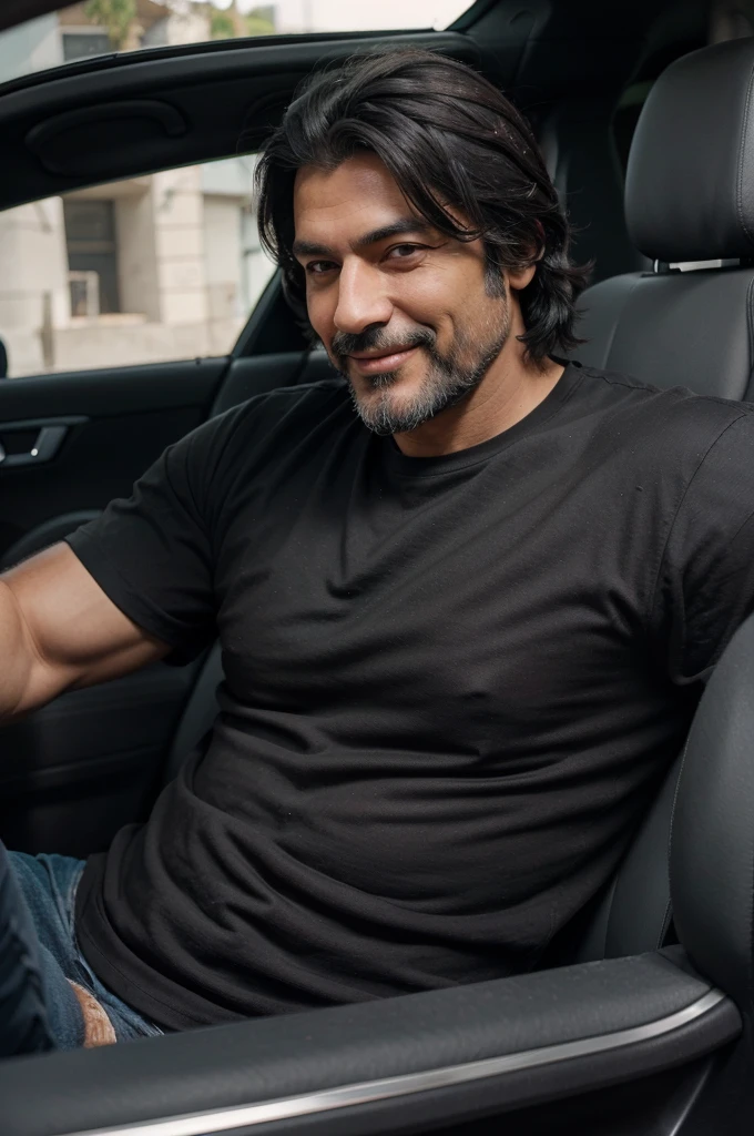 A very attractive mature gray-black haired man with a black beard smiling at the camera sitting inside a car driving in the foreground and wearing a black shirt, es muy velludo en los brazos y en el pecho, strong and muscular build