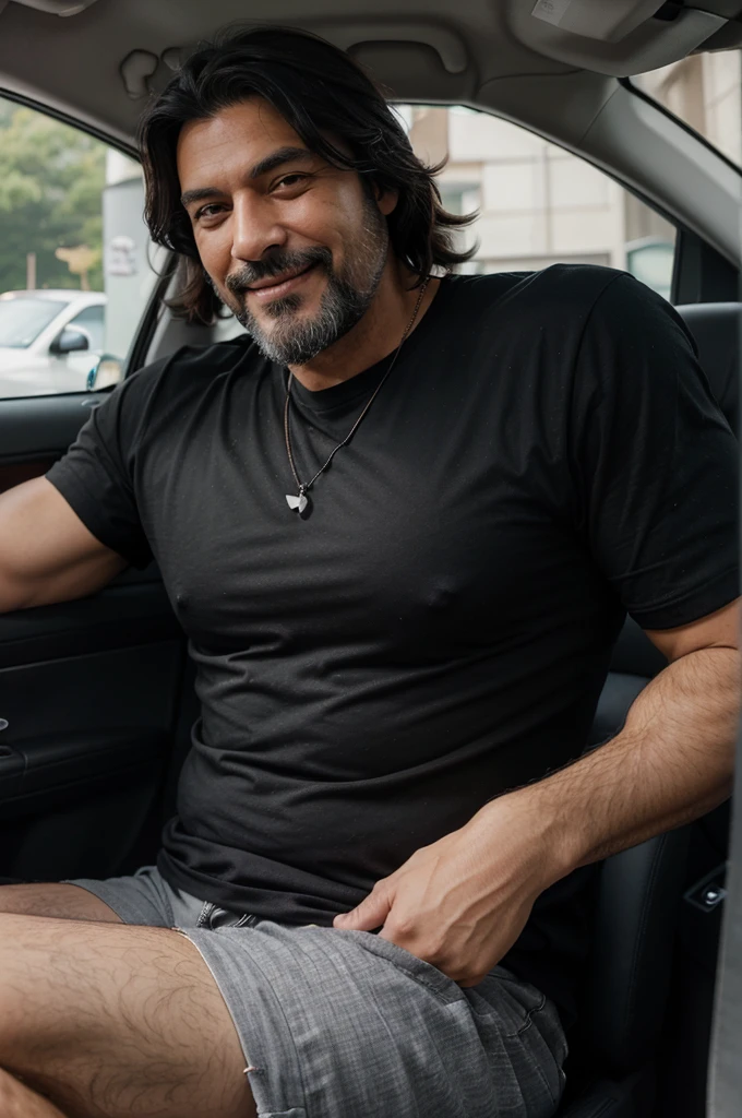 1 homem，homem musculoso de 40 anos, de cabelos brancos e grisalho , rosto sorrindo, he is only wearing black underwear，corpo musculoso e detalhado, big buttocks, do lado de um Carro Honda Civic tipo-r, and looking at the camera, intimate part with volume 