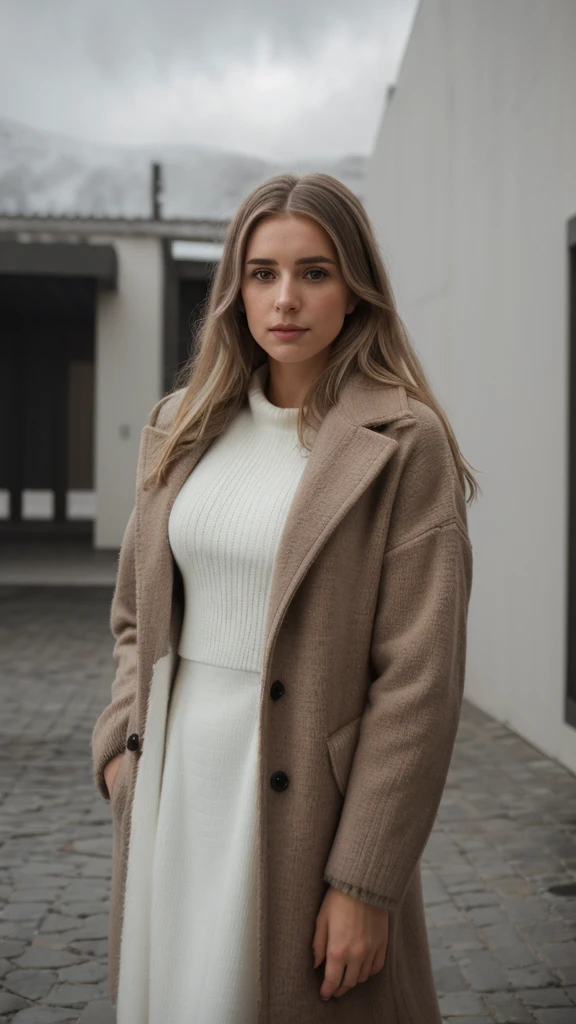 fotografia de retrato profissional de uma linda norueguesa em roupas de inverno com longos cabelos loiros ondulados, olhar sensual de paquera, (sardas), beautiful symmetrical face, maquiagem natural bonito, wearing elegante warm winter fashion clothing, ((Do lado de fora na rua nevada da cidade)), ambiente moderno deslumbrante, ultra realista, arte conceitual, elegante, altamente detalhado, Intricado, sharp focus, profundidade de campo, f/1. 8, 85mm, medium shot, tiro no meio, (((professional color grading))), luz difusa suave e brilhante, (volumetric fog), trend on instagram, hd 4k, 8k