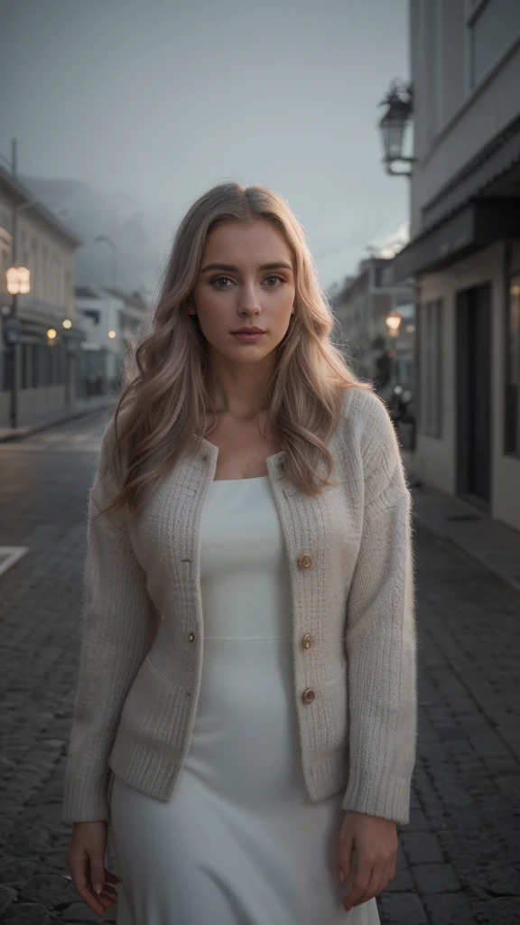 fotografia de retrato profissional de uma linda norueguesa em roupas de inverno com longos cabelos loiros ondulados, olhar sensual de paquera, (sardas), beautiful symmetrical face, maquiagem natural bonito, wearing elegante warm winter fashion clothing, ((Do lado de fora na rua nevada da cidade)), ambiente moderno deslumbrante, ultra realista, arte conceitual, elegante, altamente detalhado, Intricado, sharp focus, profundidade de campo, f/1. 8, 85mm, medium shot, tiro no meio, (((professional color grading))), luz difusa suave e brilhante, (volumetric fog), trend on instagram, hd 4k, 8k