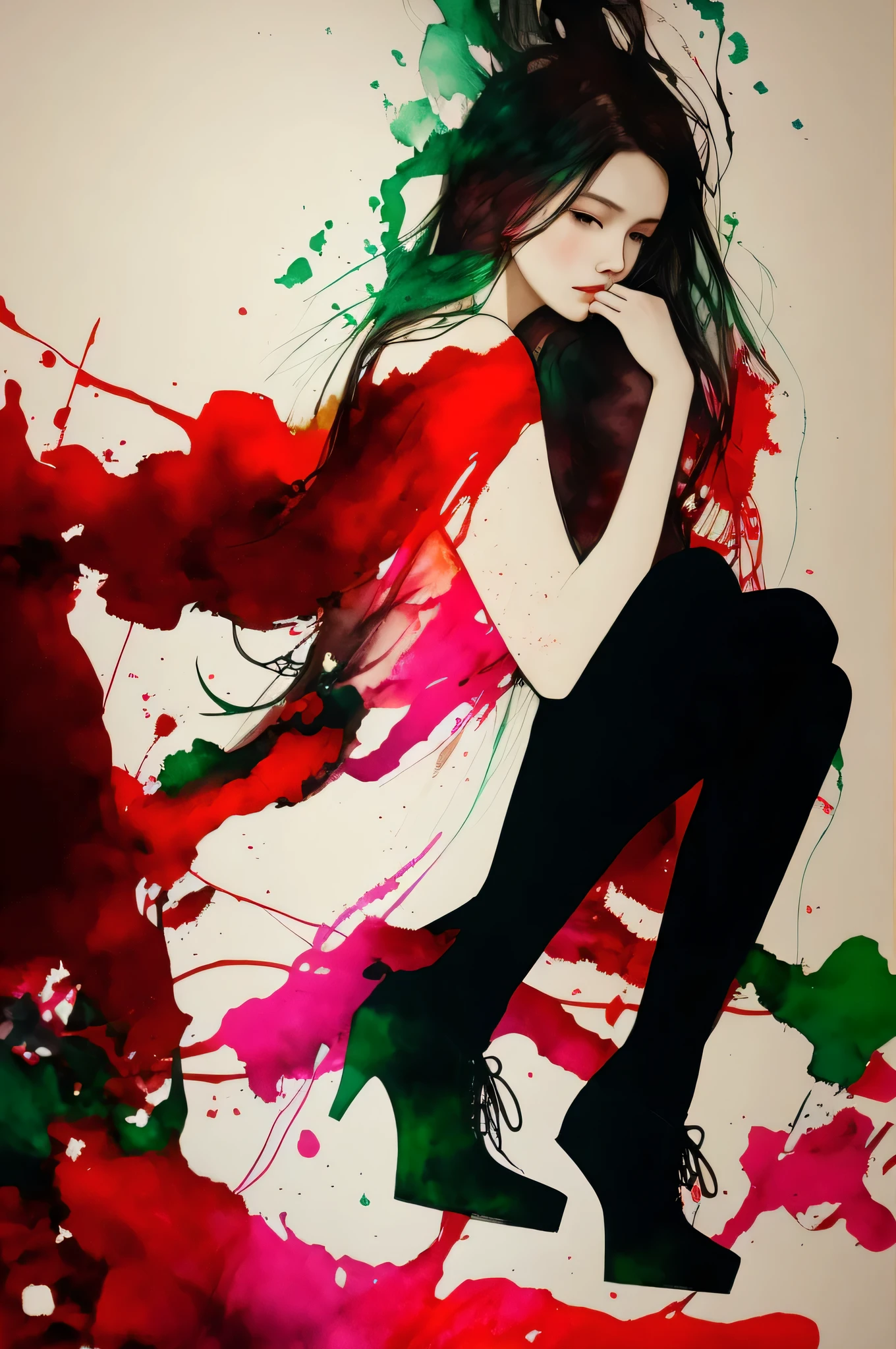 a woman by agnes cecile, 森本千絵, pastel colours, ink drips, winter lights、red and green