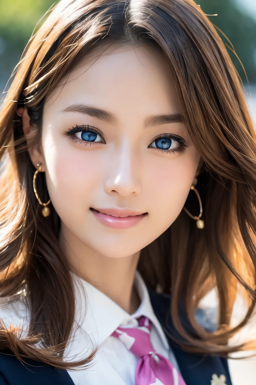 (table top:1.3, Photoreal:1.4, 8K), highest quality, masterpiece, Super high resolution, perfect dynamic composition, big face、round face、((blonde hair:1.8、curly hair))、Highly detailed skin and facial textures:1.3, Detail of limbs, 1 girl, Cute sexy 22 year old woman, (tanned skin:1.6), tilt your head, ((completely enchants you:0.9)), ((school uniform)),Medium chest, (Eyes Apart、beautiful eyes, blue eyes、Eyes that feel beautiful eros:0.85), sexy face:0.4, (closed mouth、small mouth、thick lips、A taste that gives you a beautiful sense of eroticism:0.85), ((Too cute beauty:0.9))、gal makeup、standing position、((full body shot)), beautiful legs