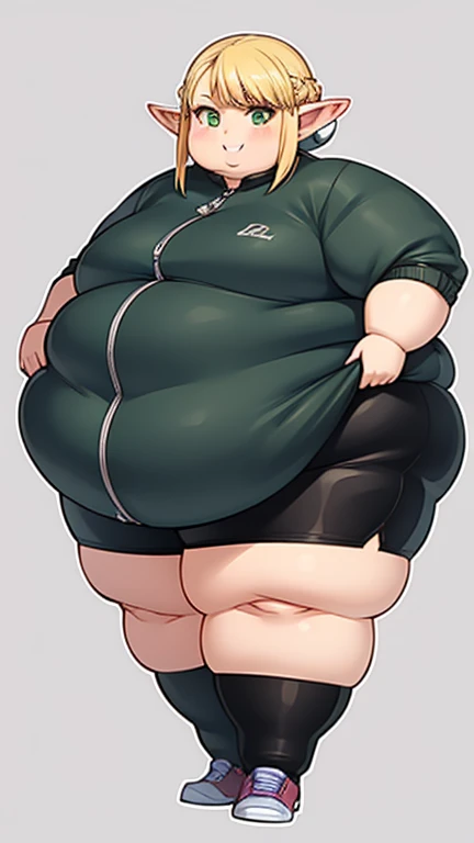 ((Masterpiece)), 1 solo girl, fat erufuda, short hair, pointy ears, obese elf, blonde hair, (green eyes:1.5), braid, ((Perfect body)), smile, hot, thick thighs, very cute, 4K