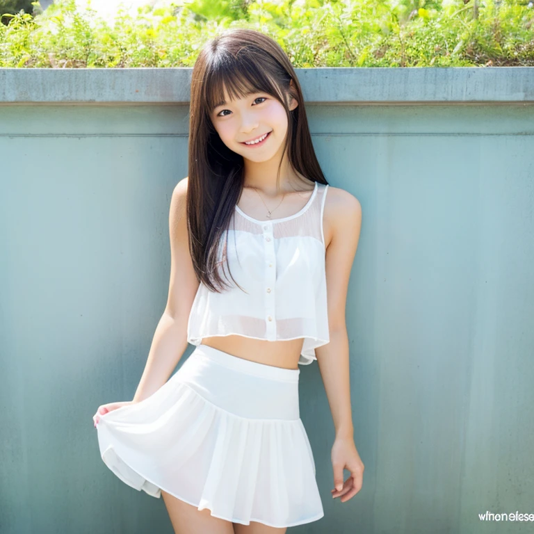 ​masterpiece、top-quality、​masterpiece、1girl in、Looking at the camera、Happy smile、Sun flower、evening shower、White sheer blouse、a miniskirt、White underwear is visible from the inside of the skirt from below、Live action、realisitic、shairband、Skirt soars