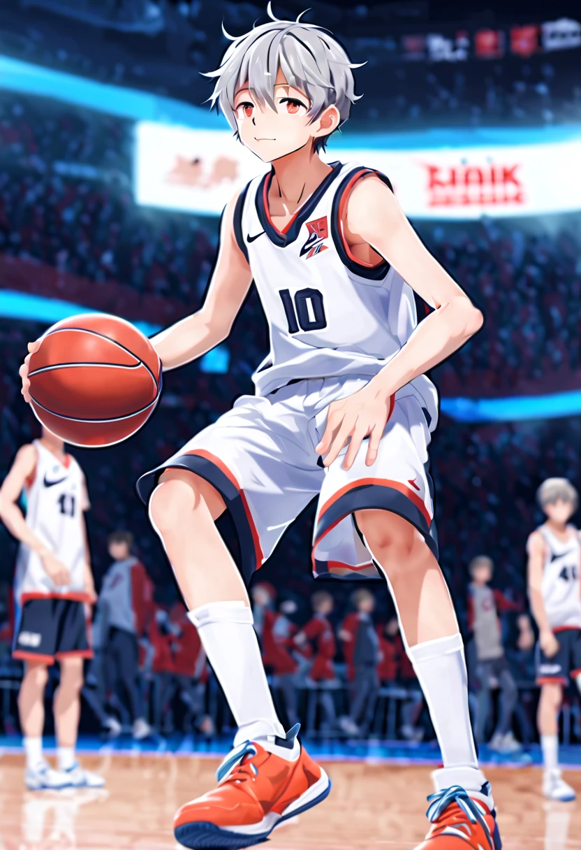 masterpiece，best quality，8K quality，unparalleled clarity，full body character，panoramic， Delicate face，full body character，telephoto lens，Fine fingers，clear lines，Two legs and a boy，sports student，Handsome boy，cute，10 years old，Shota，anime characters，Heterochromic eyes，look at the audience，smirk，Male focus is prominent，Gray hair is messy，sportswear，White three-quarter shorts（1.5），Lift your pants，Spread your legs facing the audience，sit on the floor，white socks，White Nike High Top Basketball Shoes，Face clear on floor background