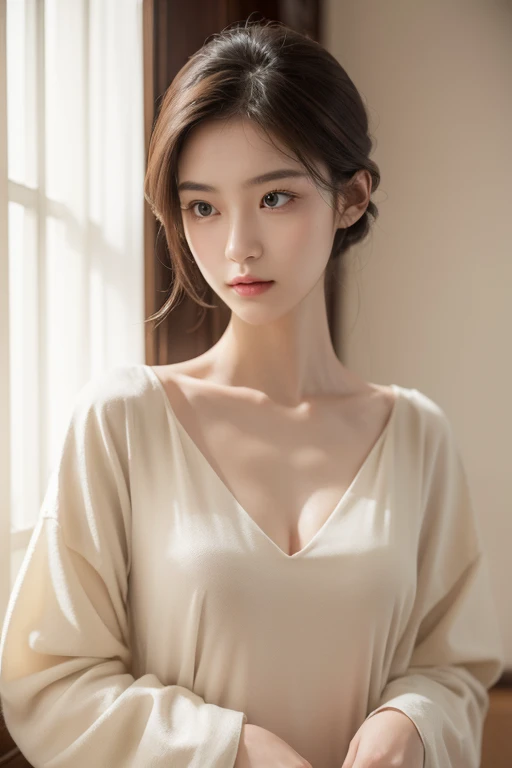 (best quality,actual:1.37),renaissance minimalism,beautiful girl,meticulous的眼睛居中,cleavage subtle color palette,meticulous,Wonderful atmosphere,glowing light,Soft light and shadow,vivid emotional descriptions,Timeless elegance,Meticulous attention to detail,Fine and delicate texture,of composition,Understated beauty,Art,peaceful environment,A unique perspective.