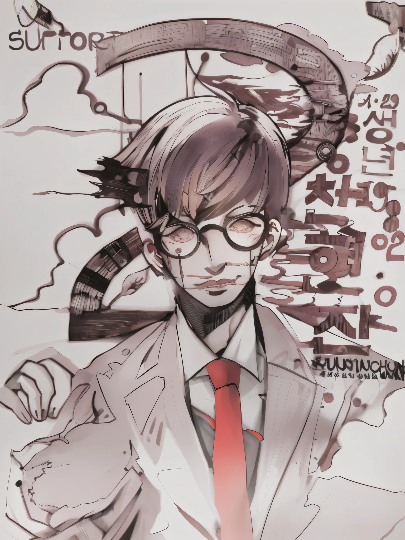 anime character with glasses and a tie holding a flower, korean art nouveau anime, style of junji ito, junji ito style, inspired by Yumihiko Amano, art style of junji ito, by Kamisaka Sekka, by Oka Yasutomo, by Yasutomo Oka, inspired by Yanagawa Nobusada, pencil and ink manga