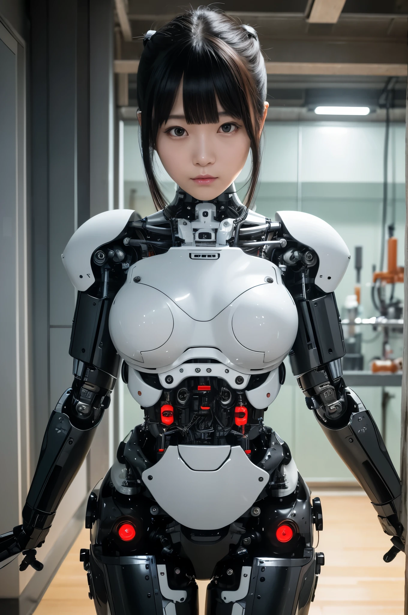 masterpiece, best quality, extremely detailed,  Japaese Cyborg girl,Plump , control panels,android,Droid,Mechanical Hand, Robot arms and legs, Black Robot Parts,Black hair,Mechanical body,Blunt bangs,White robotics parts,perfect robot girl,long tube,thick cable connected her neck,ceramic body ,mechanical body, mechanical ear cover, mechanical costume,android,robot,humanoid,cyborg,japanese android woman ,mechanical chest,full eyes,future laboratory,connecting a cable between the legs,a bit chubby,