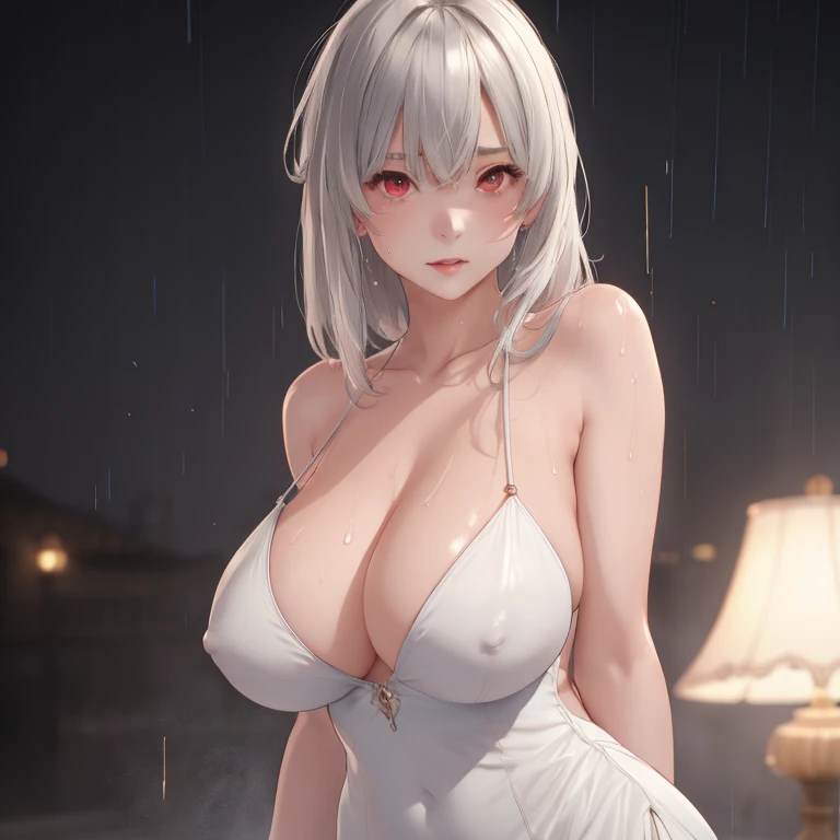 1girls, arms behind back, rain, seductive, (4K,realistic,highres,absurdres,masterpiece:1.2),((cinematic lumination)),deep depth of field,charming face,bloom,white dress,(covered nipples:0.9),big sagging breasts,(smiling:0.6),young female,  looking at the viewer, white skin, ((slim, skinny)), ((wet skin, sweat)), high heels,  red eyes