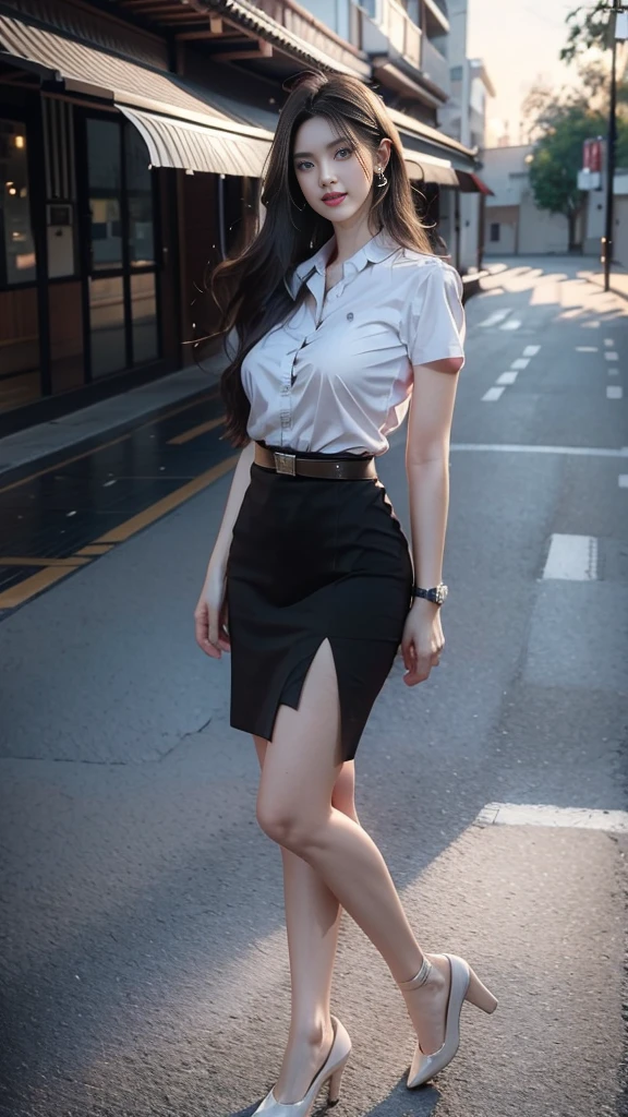 highest resolution,8K,high definition,(((My hair is very long.,Extra long,leg length))),Thai Students,Half Thai, half Japanese, half Korean.,Height 173 centimeters,stand,walk,Beautiful face,แต่งBeautiful face,Double eyelids,red lips,smile at the corner of the mouth,beautiful eyes,Beautiful Woman,The texture is realistic.,Slim white short-sleeved shirt,collar shirt,Matte black short pencil skirt,Very short,Side incision,กระโปรงสีดำด้านพร้อมbeltผู้หญิง,tight,Huge breasts,Breast augmentation,เต้าBig tits,Big tits,Plump milk,Fluffy milk,Huge breasts,Symmetrical shape,sexy figure,Thin,slim,small waist,Long legs,Beautiful thighs,Pitch black high heels,earring,Put on a watch,belt,(((full body,Look at every part of the body.))),university backdrop,building,building,lawn,outdoor sports field