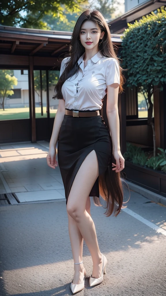 highest resolution,8K,high definition,(((My hair is very long.,Extra long,leg length))),Thai Students,Half Thai, half Japanese, half Korean.,Height 173 centimeters,stand,walk,Beautiful face,แต่งBeautiful face,Double eyelids,red lips,smile at the corner of the mouth,beautiful eyes,Beautiful Woman,The texture is realistic.,Slim white short-sleeved shirt,collar shirt,Matte black short pencil skirt,Very short,Side incision,กระโปรงสีดำด้านพร้อมbeltผู้หญิง,tight,Huge breasts,Breast augmentation,เต้าBig tits,Big tits,Plump milk,Fluffy milk,Huge breasts,Symmetrical shape,sexy figure,Thin,slim,small waist,Long legs,Beautiful thighs,Pitch black high heels,earring,Put on a watch,belt,(((full body,Look at every part of the body.))),university backdrop,building,building,lawn,outdoor sports field