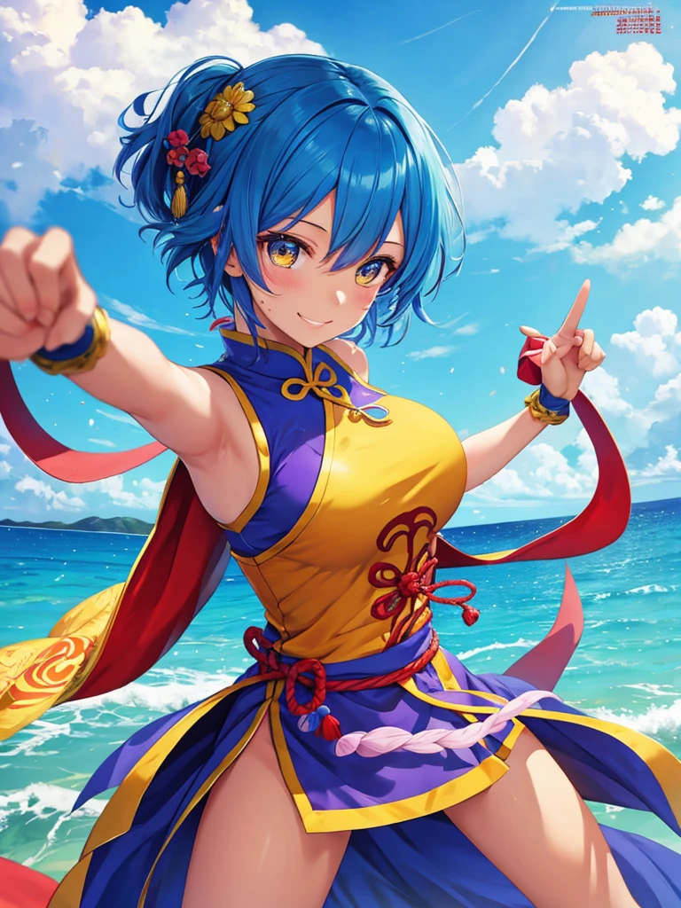 masterpiece, highest quality, 超detailed,Rem,Re Zero, 1 girl, (20-year-old),smile, blue hair, blue and yellow eyes,short hair,cheongsam clothing,((Kung Fu Stance,Battle Pose,overmatch,Sunburn mark,Nigiri fist,good)),latex, shiny, (masterpiece), (highest quality), (超detailed), more_detailed:-1, more_detailed:0, more_detailed:0.5, more_detailed:1, more_detailed:1.5, tan, black skin, Outer World AI, Glow Phi,Ocean,beach, beautiful background, beautiful girl, 