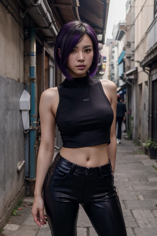 Full body, standing, (RAW photo, highest quality), (realistic, photorealistic) 25 year old Asian girl, Fei Liang very detailed face, punk haircut, black hair with a purple streak, looking at the camera, wearing a tight pants in black and opaque synthetic fabric, short sleeveless blouse color dark blue (shows navel), cyberpunk style Asian empty alley, daylight and tall buildings