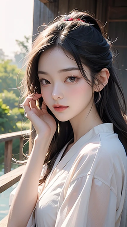asian beauties in the rain, in the style of li shuxing, light silver and light pink, 32k uhd, kawaii aesthetic, tj drysdale, close-up, traditional chinese an asian girl in the rain, in the style of light silver and light red, fairycore, 32k uhd, exaggerated facial features, edmund leighton, low-angle, aurorapunk