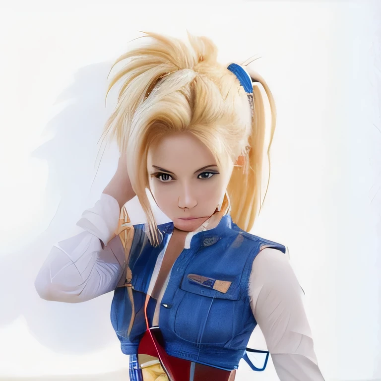 image of a blonde haired girl with blue eyes, android 18, saiyan girl, realistic