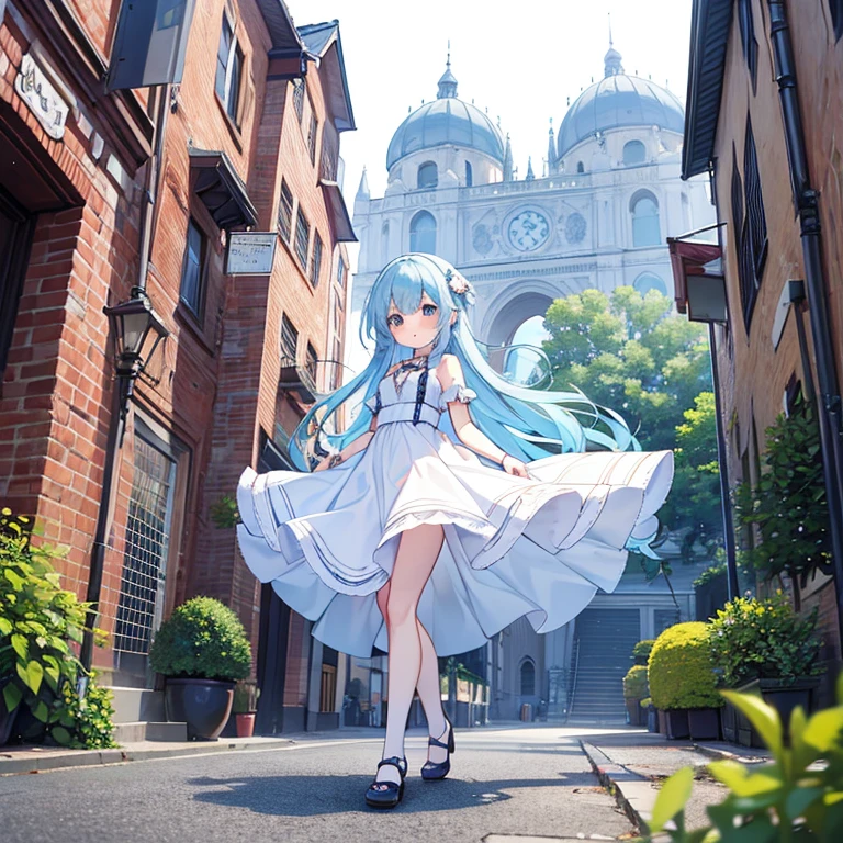 high quality,Falling Girl,perfect anatomy,air,light blue hair,white dress,wing,European style city on the ground