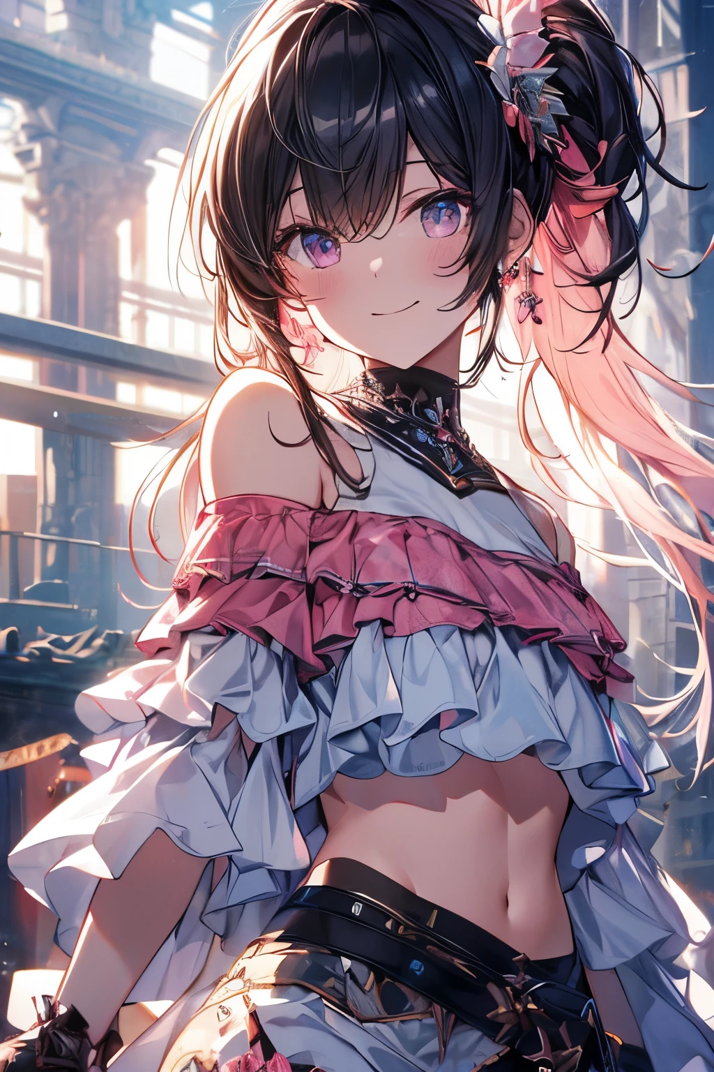 ((extreme detail)),(ultra-detailed), extremely detailed CG unity 8k wallpaper,best quality, masterpiece, emilie_t8, off shoulder,  pink crop top, solo anime girl, smiling