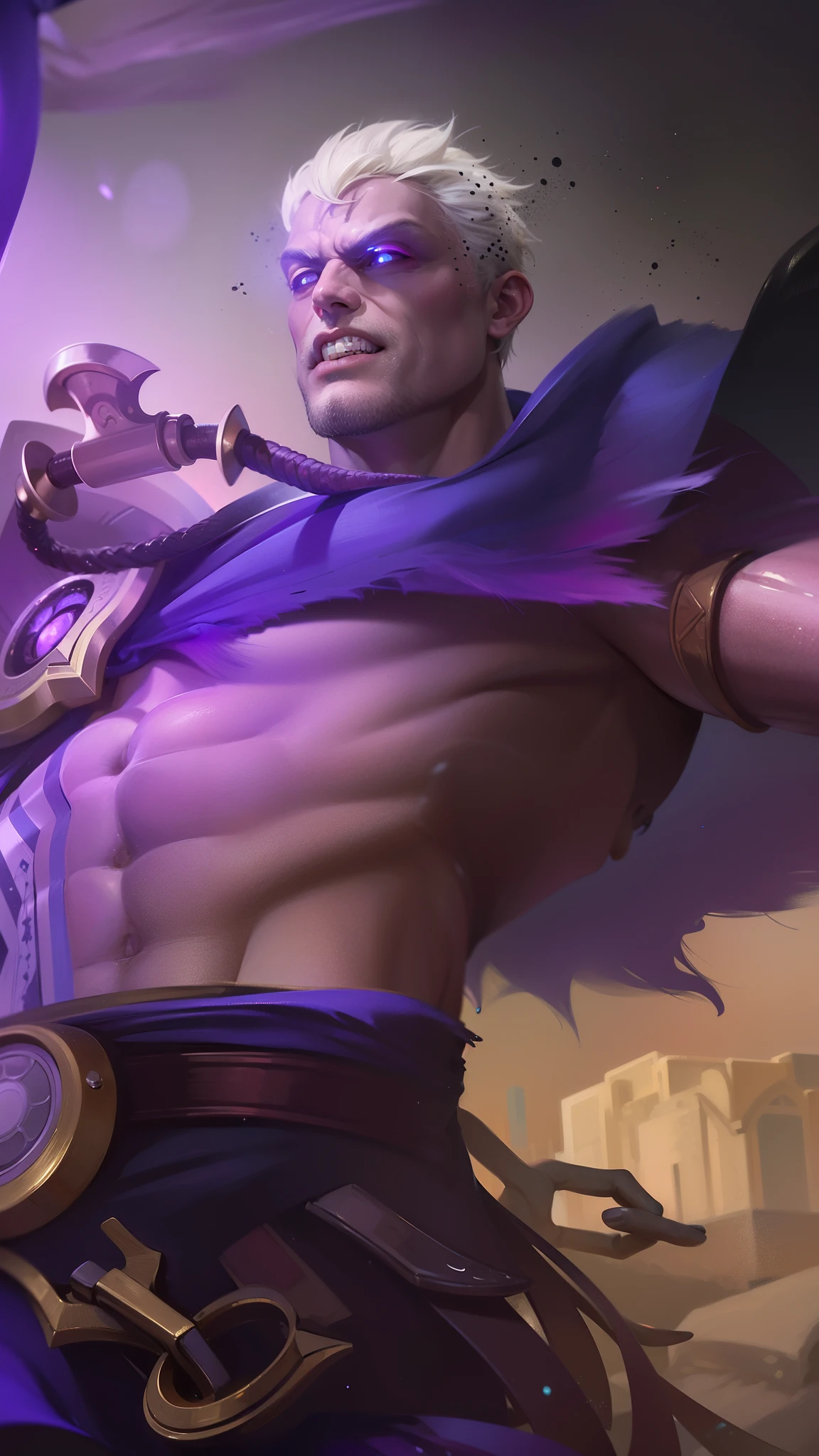 masculine male, masterpiece, ((perfect eyes)) best quality, (semirealism:1.9), beautiful lighting, (extremely detailed CG unity 4k fhd wallpaper), High Detail, Sharp focus, dramatic outdoors, 1 boy ,40 years old, white short hair, blue eyes, smile, Boy with two big horns, red eyes, evil smile, 8k , realistic, scary.