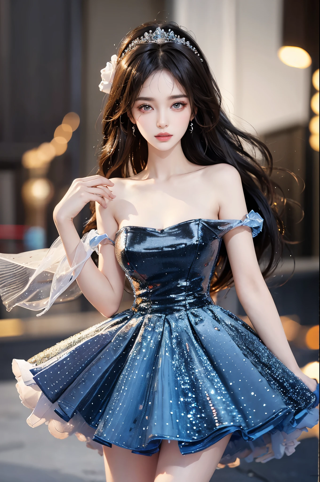 Special clothes46,strapless dress, ((knee shot)), (yushuxin,1girl,solo), 1girls, Random pose, Random scenes, Shoot at random angles, Mix 4,(8k, original photo, best quality, masterpiece:1.2), (actual, photorealistic:1.37),1 girl,Lovely,city View, night, rain, wet, professional lighting, photon mapping, radio city, Physically based rendering, High heel, High quality pictures, high resolution, 1080P, (clear face), (detailed facial description), (masterpiece), (Exquisite CG), Extreme light and shadow, messy hair, The work of the master, Rich details​, (Exquisite facial features), (highest quality picture), (masterpiece), (delicate eyes),Look forward with your eyes,Thin clavicle, Heavy makeup, Gorgeous makeup