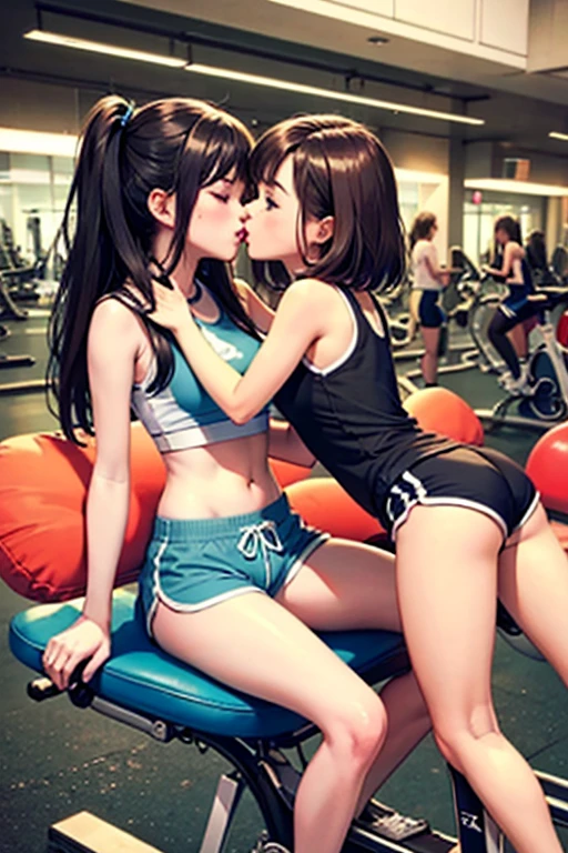 Two girls kiss while sitting on gym cycles saddle cushion, dolphin shorts,
