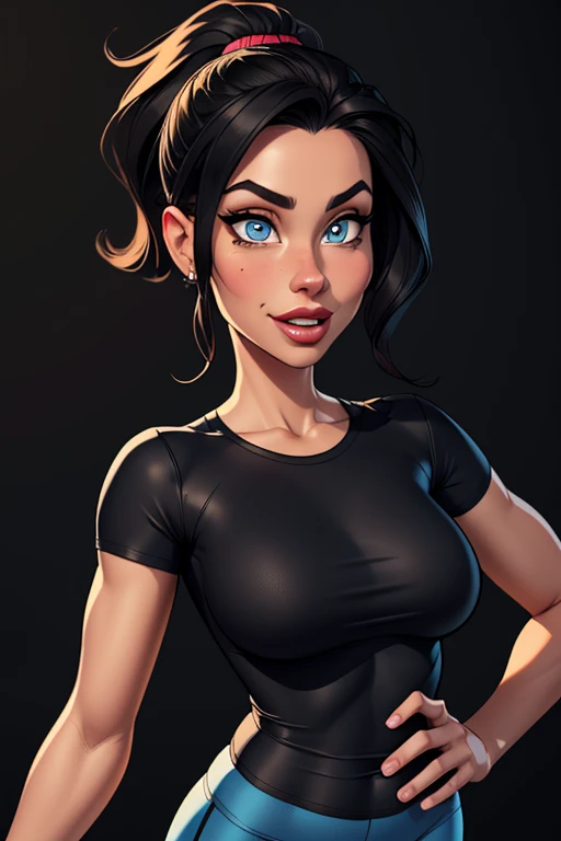 (cartoon style:1.2), Drawings of ([Sports Woman]), wearing black T-shirt, Tight Pants, perfect eyes, detailed face, black background, fun posing, flirty look, Centered, scale to fit the dimensions