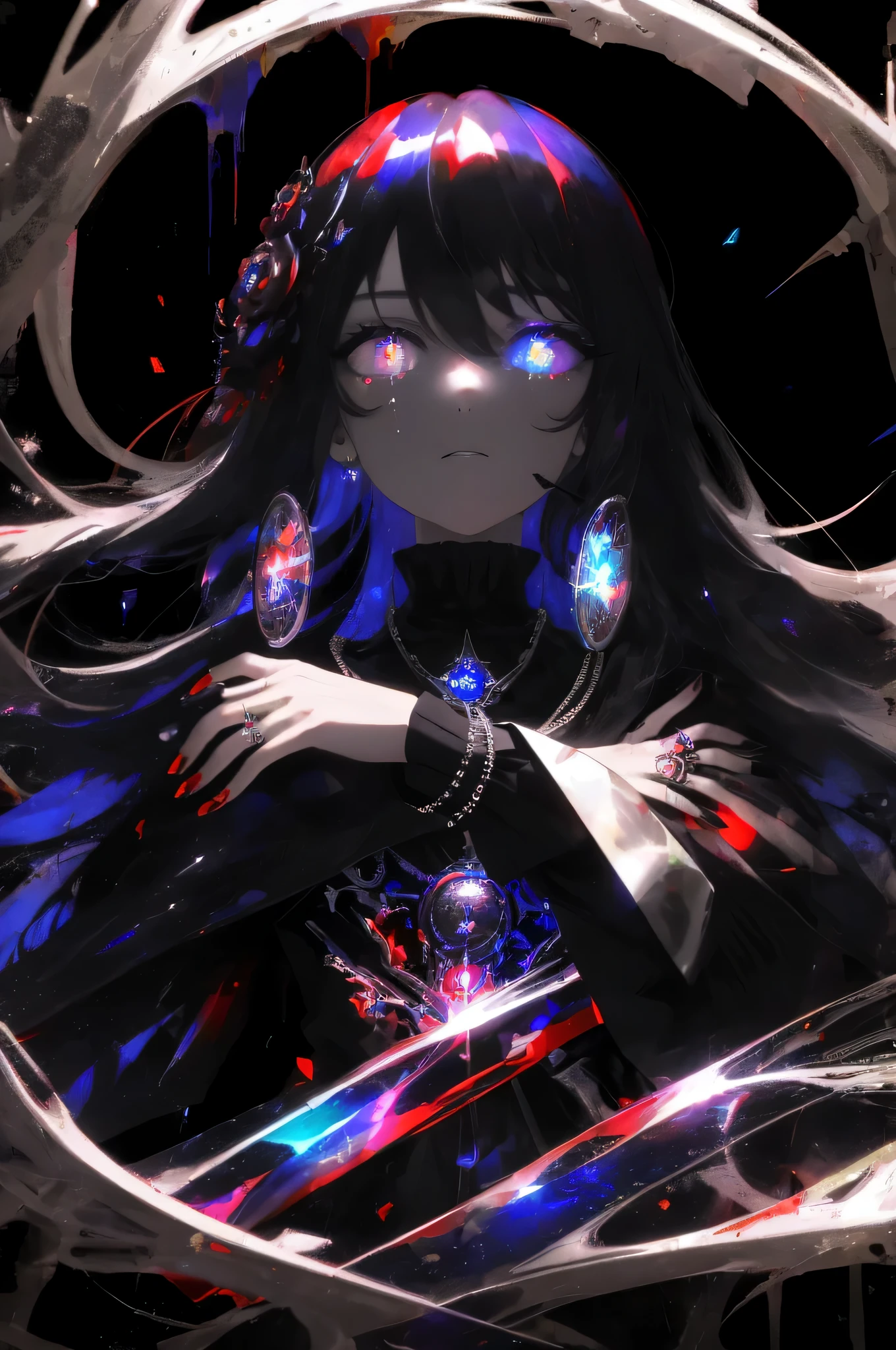 ((masterpiece)), Colorful, Best quality, ultra high resolution, 3D, ((8K)), Extremely exquisite detailing,  difficult, psychedelic, surreal, cinematic lighting, One, high contrast, deafening, universe, emotional, surreal, landscape, 1 girl, arrogant look, eyes with gradient, Model figure, crying Blood, intense gaze, Necklace, Rings, chain on clothes, long white fluffy wavy hair, Blood, vampiric, fracture, ((many eyes:2.0 background)), ((dark black background)), (glowing eyes), stars, fractures, insane,  Broken mirrors