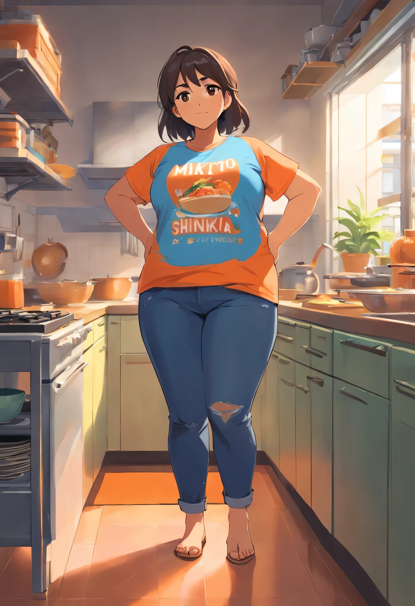 Fat Latina, in blue jeans and an orange T-shirt, Stands in the kitchen